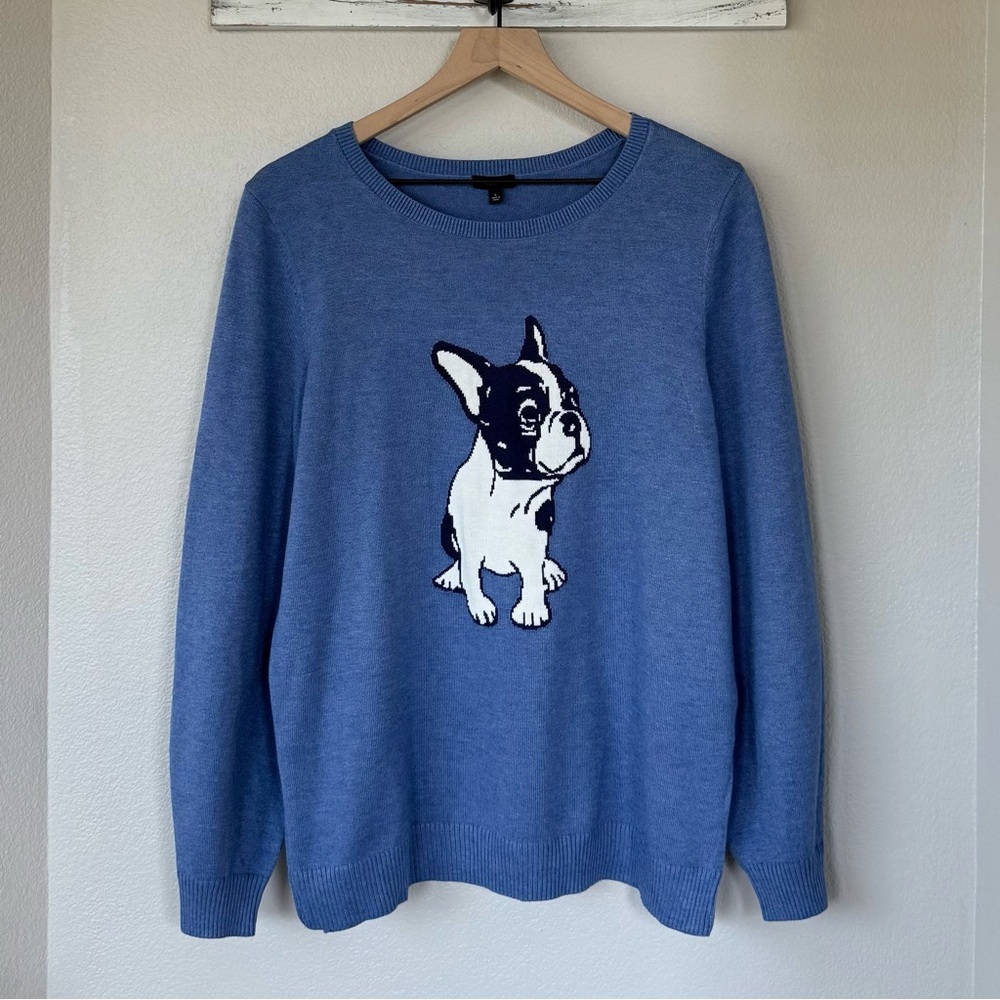 TALBOTS L French Bulldog Crewneck Pullover Sweater Frenchie Parisian French Blue - Picture 3 of 11